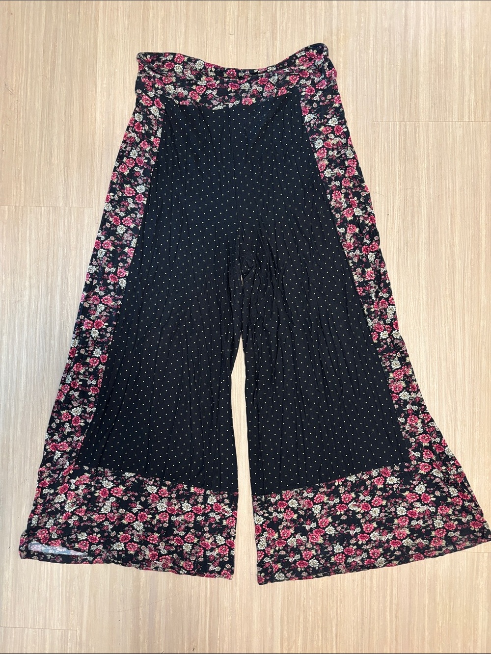 Anthropologie Farm Rio de Janeiro Black Wide-Leg Pants with Pink Floral Trim